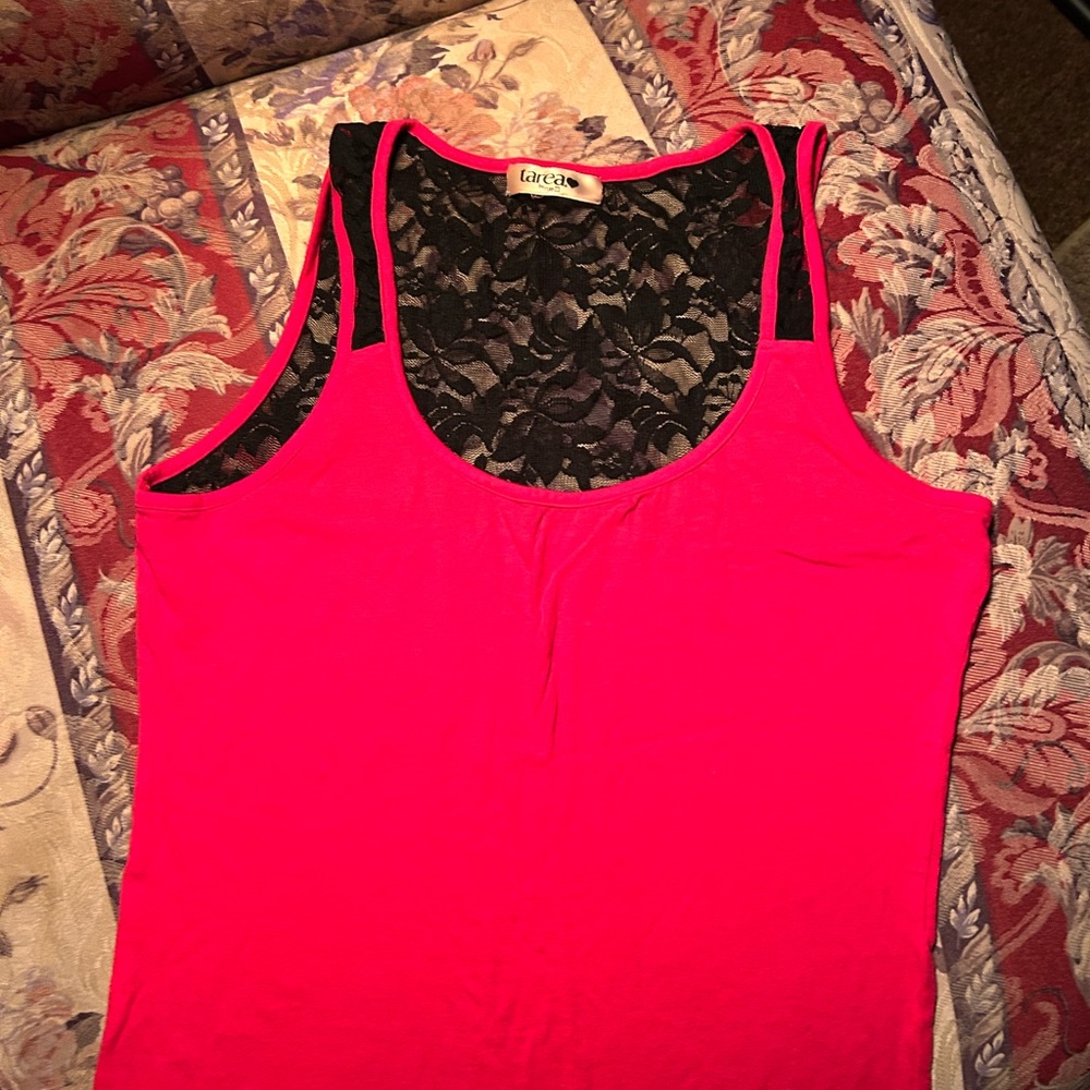 Pink Scoop Neck Sleeveless Tank Top with Cut Out Lace Back